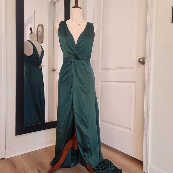 Lulus Perfect Refinement Emerald Satin Dress Size L NWOT - Picture 4 of 8